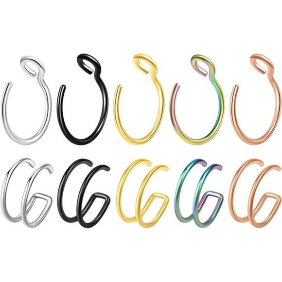 10 Pcs Nose Rings Hoops Fake Nose Ring Fake Lip Rings Fake Septum Piercing - Picture 1 of 7